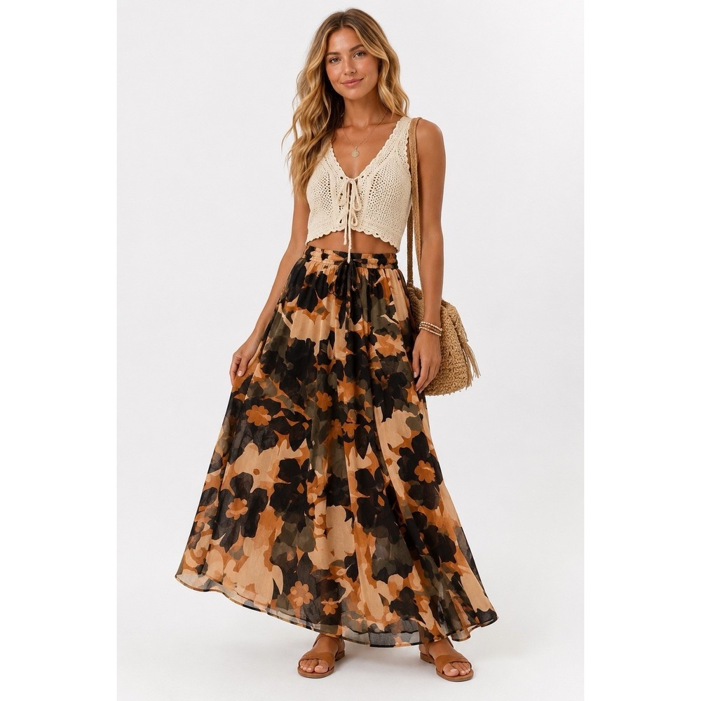 Live 4 Truth Floral Chiffon Earthy Colors Boho Maxi Skirt Lined Elastic Waist Sm